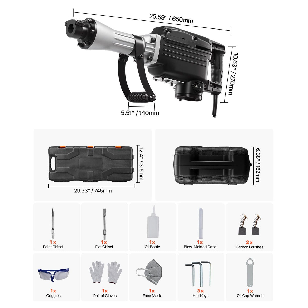 Demolition Jack Hammer, 2800 W Powerful Electric Jackhammer, 1200 BPM Concrete Breaker with a Point Chisel, a Flat Chisel, Carrying Case, Gloves, for Concrete, Wall, Brick, Tile and Foundation