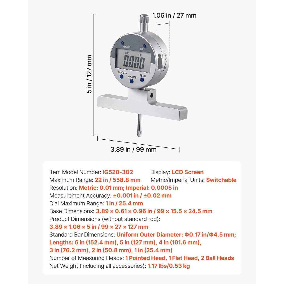 Depth Gauge, Depth Micrometer Digital Electronic Indicator 0-22 inch Measuring Range, 0.0005" Resolution, Precision Unit Conversion with 4 Anvils, Measuring Tool for Groove, Step, Hole