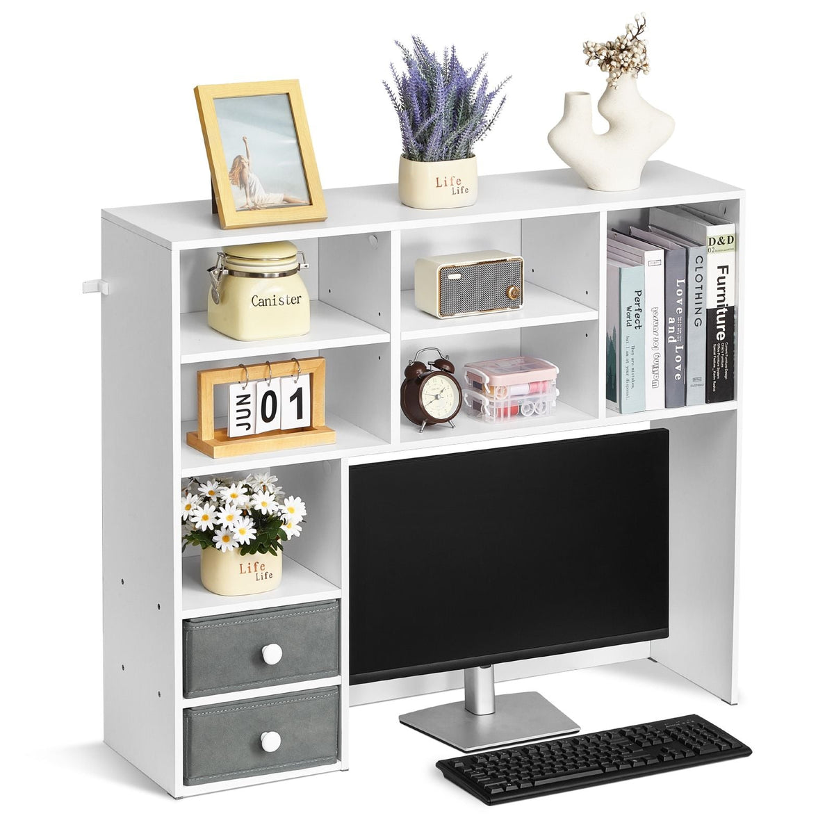 Desktop Bookshelf, 3-Tier Desktop Storage Organizer, 37" x 10" x 31.1" Office Storage Rack Wood Display Shelf, Desktop Bookshelf Hutch with Two Fabric Drawers, for Office, Home & Dorm, White