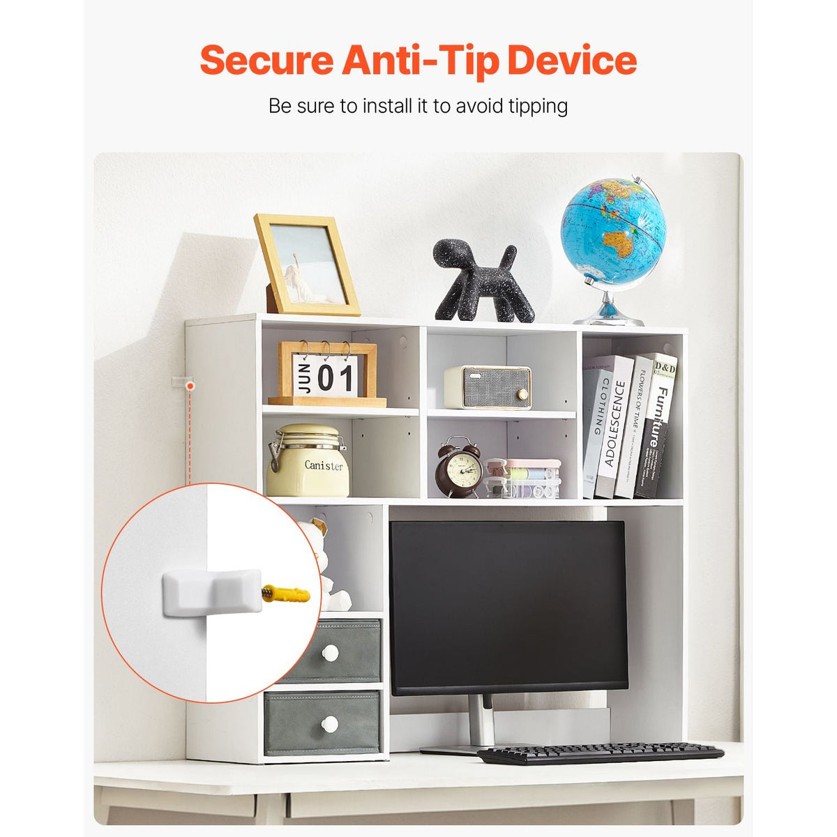 Desktop Bookshelf, 3-Tier Desktop Storage Organizer, 37" x 10" x 31.1" Office Storage Rack Wood Display Shelf, Desktop Bookshelf Hutch with Two Fabric Drawers, for Office, Home & Dorm, White