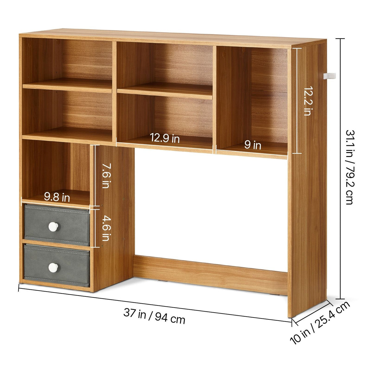 Desktop Bookshelf, 3-Tier Wood Desktop Storage Organizer, 37" x 10" x 31.1" Office Storage Rack Wood Display Shelf, Desktop Bookshelf Hutch with Two Fabric Drawers, for Office, Home & Dorm