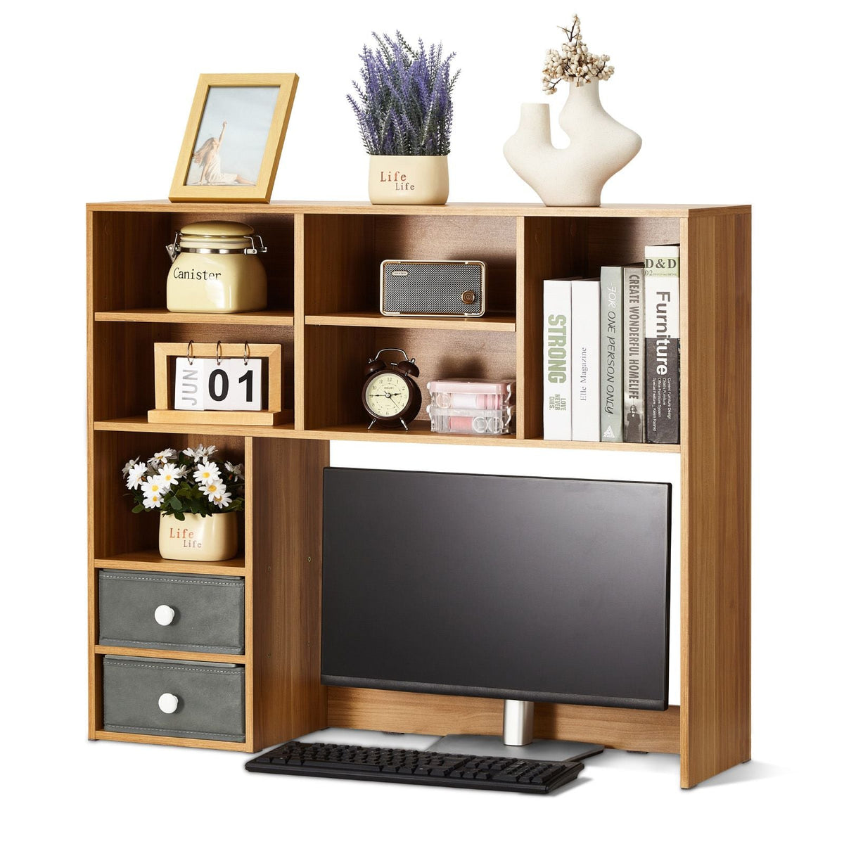 Desktop Bookshelf, 3-Tier Wood Desktop Storage Organizer, 37" x 10" x 31.1" Office Storage Rack Wood Display Shelf, Desktop Bookshelf Hutch with Two Fabric Drawers, for Office, Home & Dorm