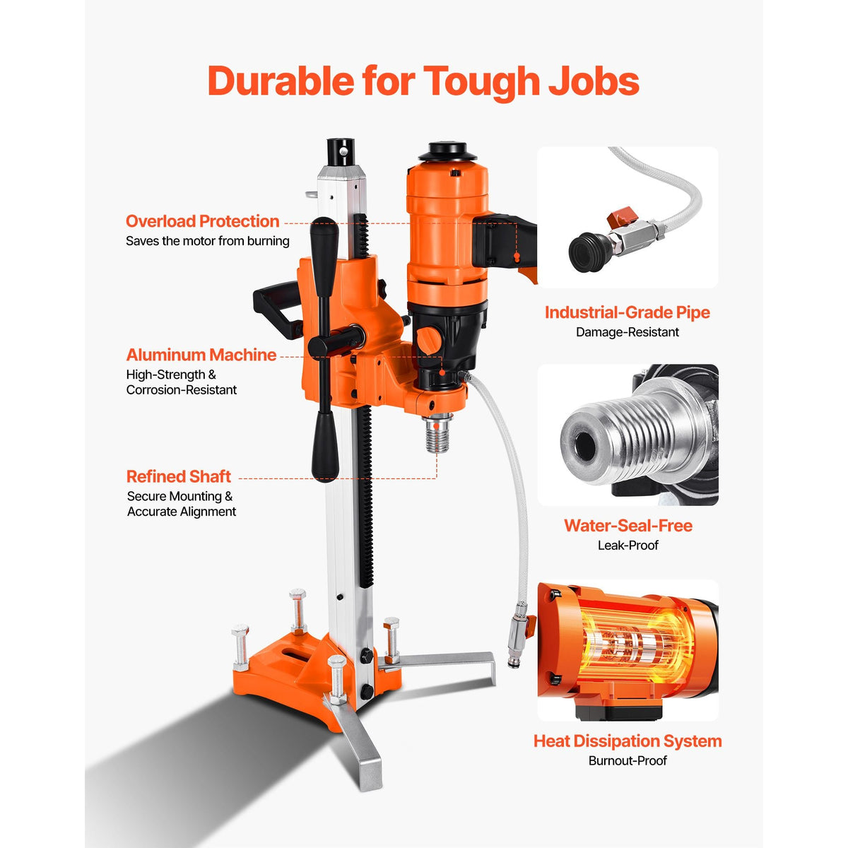 Diamond Core Drilling Machine, 8 in Drilling Diameter, 2-in-1 Handheld & Stand-Mount Dry and Wet Concrete Core Drill Rig with 4 Drill Bits, 1075/2300 RPM 2-Speed, for Concrete Brick Stone, 1800W