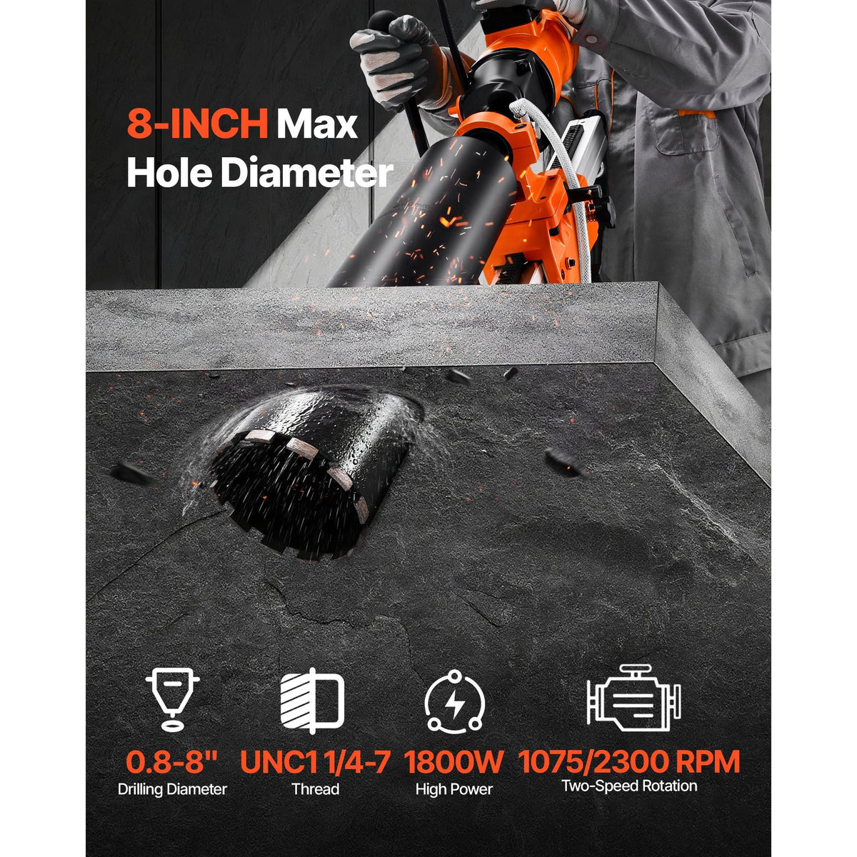 Diamond Core Drilling Machine, 8 in Drilling Diameter, 2-in-1 Handheld & Stand-Mount Dry and Wet Concrete Core Drill Rig with 4 Drill Bits, 1075/2300 RPM 2-Speed, for Concrete Brick Stone, 1800W