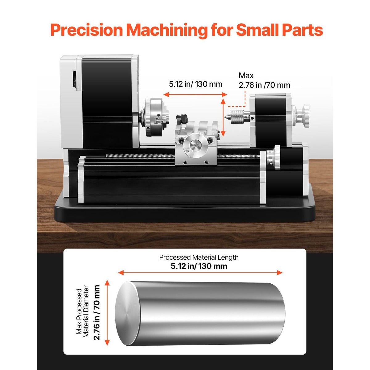Didactical Mini Metal Lathe Machine, 2.76 x 5.12 in, 36W Power Metal Lathe, 20,000 RPM Speed, with 3-jaw Chuck, Aluminum Alloy Handwheel, for Processing Precision Parts Soft Metals Wood Plastics