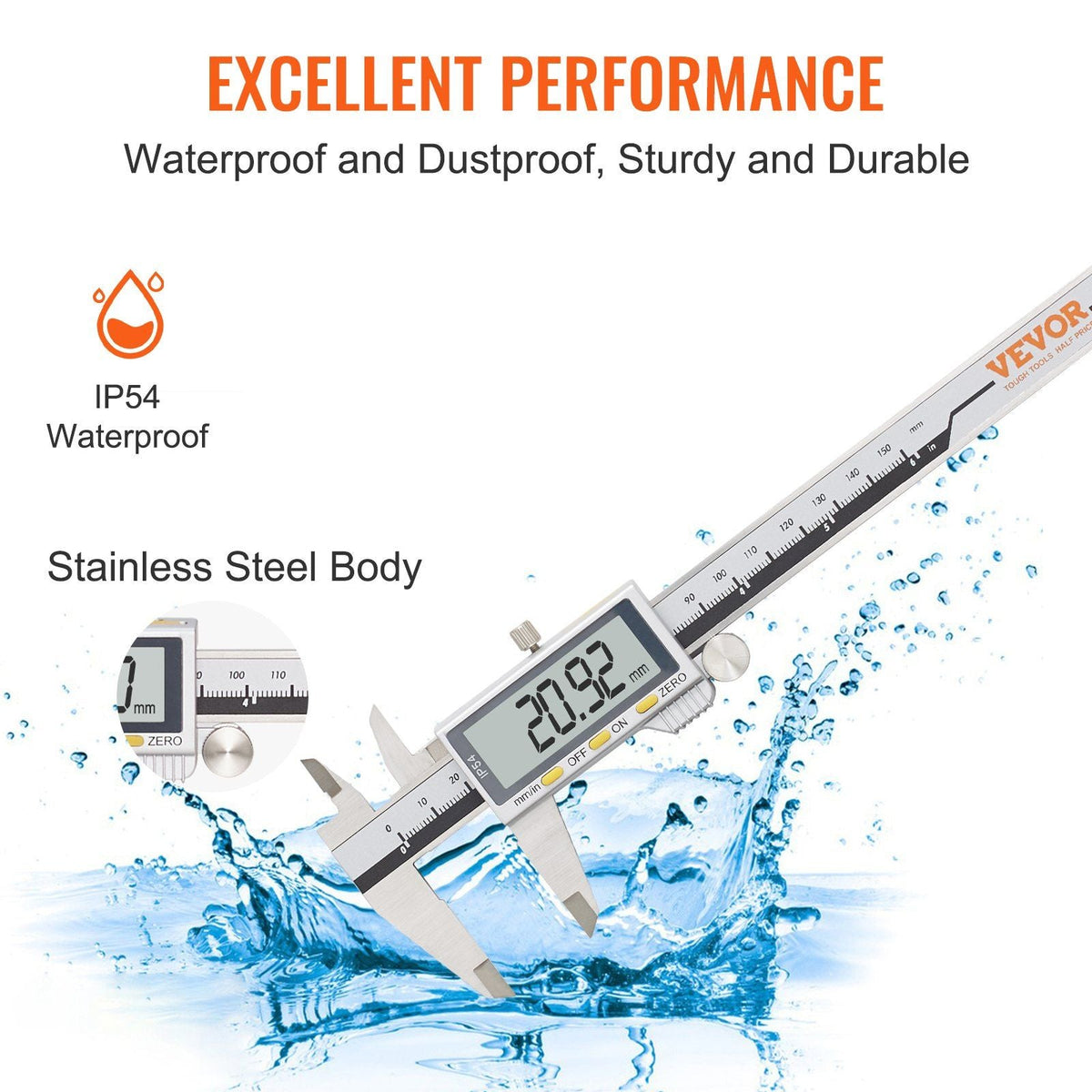 Digital Caliper, Calipers Measuring Tool 0-6", Electronic Micrometer Caliper with Large LCD Screen, IP54 Waterproof & 4 Measurement Modes, Inch and Millimeter Conversion, Two Batteries Included