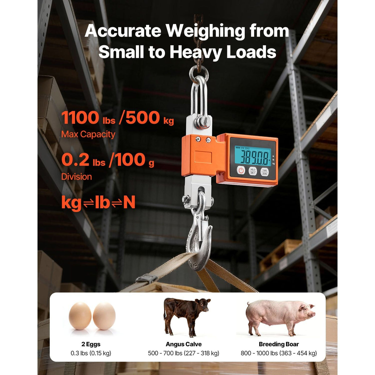 Digital Crane Scale, 1100 lbs/500 kg Max Capacity, Heavy Duty Industrial Hanging Scale with Cast Aluminum Case & LCD Display, 0.2 lbs Division & 3 Unit Switch, Auto-Off Setting for Garage