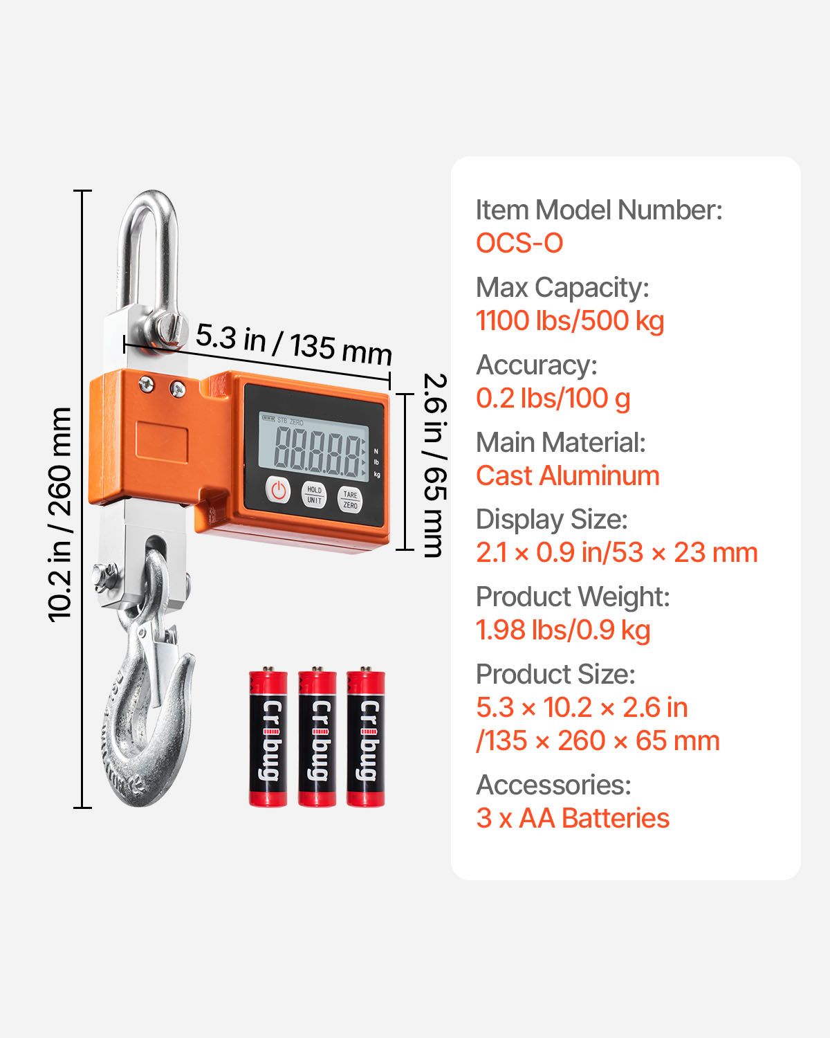 Digital Crane Scale, 1100 lbs/500 kg Max Capacity, Heavy Duty Industrial Hanging Scale with Cast Aluminum Case & LCD Display, 0.2 lbs Division & 3 Unit Switch, Auto-Off Setting for Garage