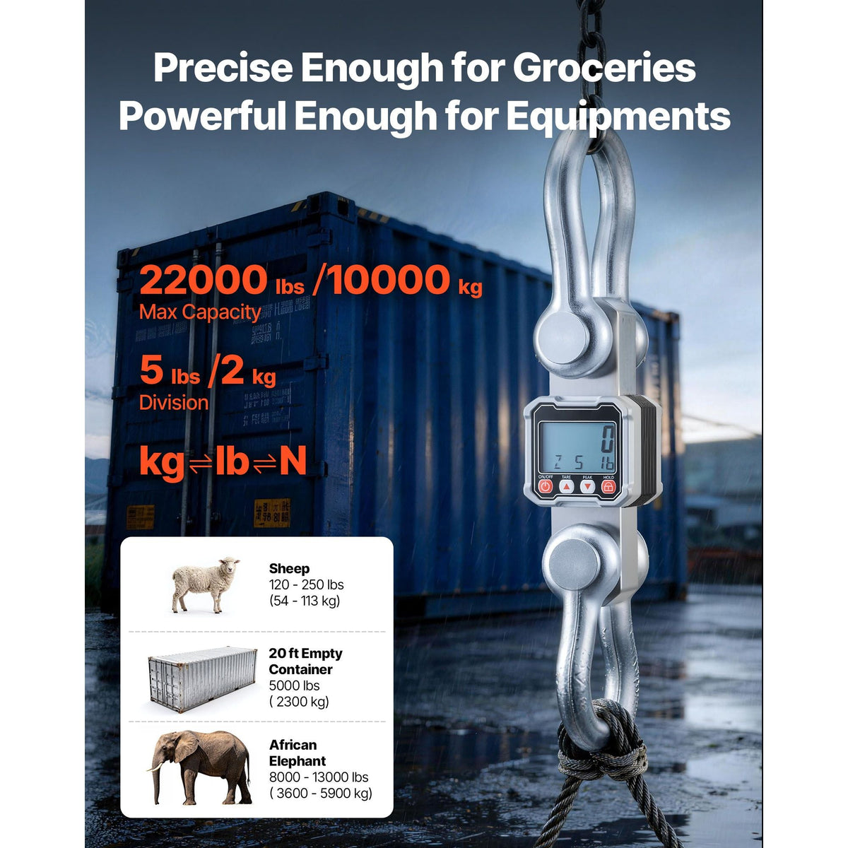 Digital Crane Scale, 22000 lbs/10 T Max Capacity, Heavy Duty Industrial Hanging Scale with Cast Aluminum Case & LCD Display, 5 lbs Division & 3 Unit Switch, Remote Control for Garage Factory