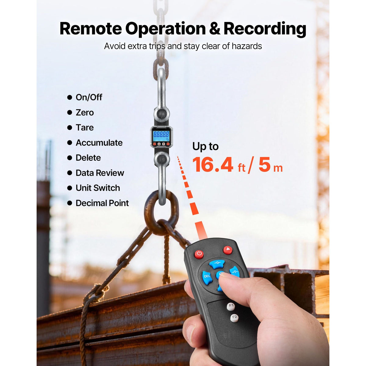 Digital Crane Scale, 22000 lbs/10 T Max Capacity, Heavy Duty Industrial Hanging Scale with Cast Aluminum Case & LCD Display, 5 lbs Division & 3 Unit Switch, Remote Control for Garage Factory