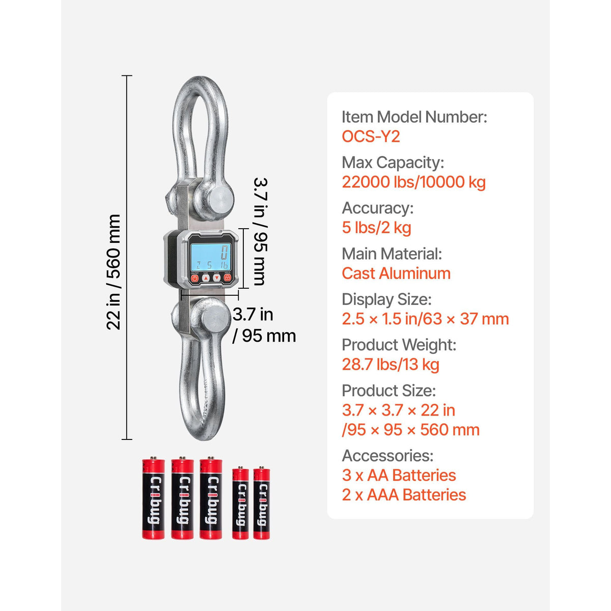 Digital Crane Scale, 22000 lbs/10 T Max Capacity, Heavy Duty Industrial Hanging Scale with Cast Aluminum Case & LCD Display, 5 lbs Division & 3 Unit Switch, Remote Control for Garage Factory