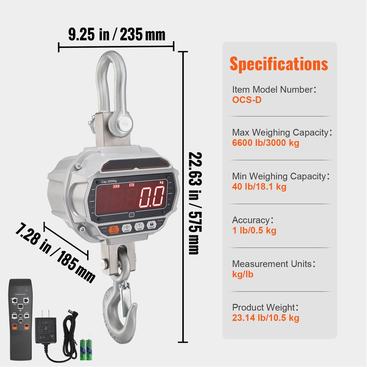 Digital Crane Scale, 6600 lbs/3000 kg, Industrial Heavy Duty Hanging Scale with Remote Control, Cast Aluminum Case & LED Screen, High Precision for Construction, Factory, Farm, Hunting (Silver)