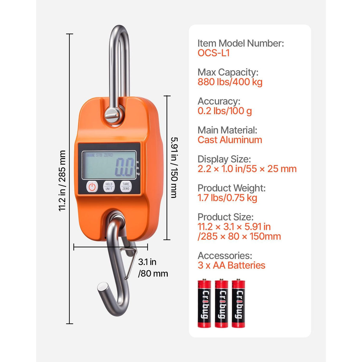 Digital Crane Scale, 880 lbs/400 kg Max Capacity, Handheld Hanging Scale with Cast Aluminum Case & LCD Display, 0.2 lbs Division & 3 Unit Switch, Auto-Off Setting, Orange