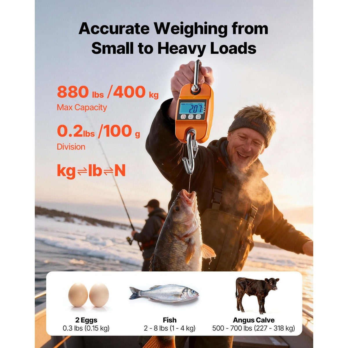 Digital Crane Scale, 880 lbs/400 kg Max Capacity, Handheld Hanging Scale with Cast Aluminum Case & LCD Display, 0.2 lbs Division & 3 Unit Switch, Auto-Off Setting, Orange