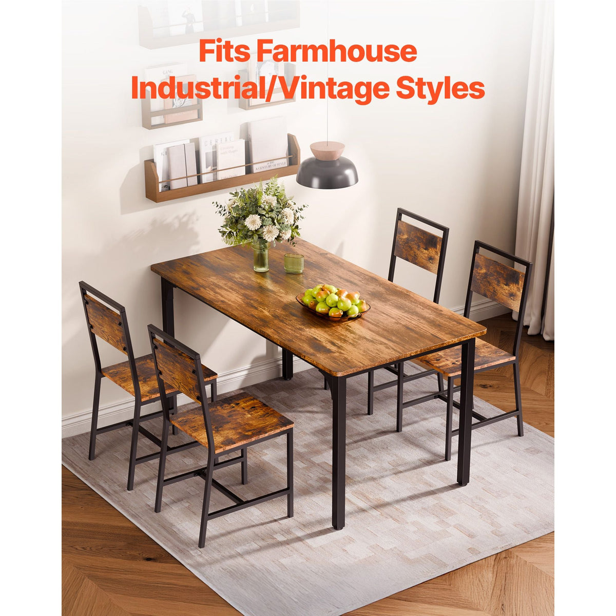 Dining Chairs Set of 2, Wooden Table Chairs with Metal Frame and Backrest, Easy to Assemble Leather Side Chair, Modern Farmhouse Walnut Chair for Kitchen Living Room, Rustic Brown and Black