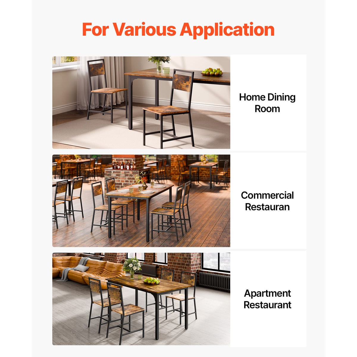 Dining Chairs Set of 2, Wooden Table Chairs with Metal Frame and Backrest, Easy to Assemble Leather Side Chair, Modern Farmhouse Walnut Chair for Kitchen Living Room, Rustic Brown and Black