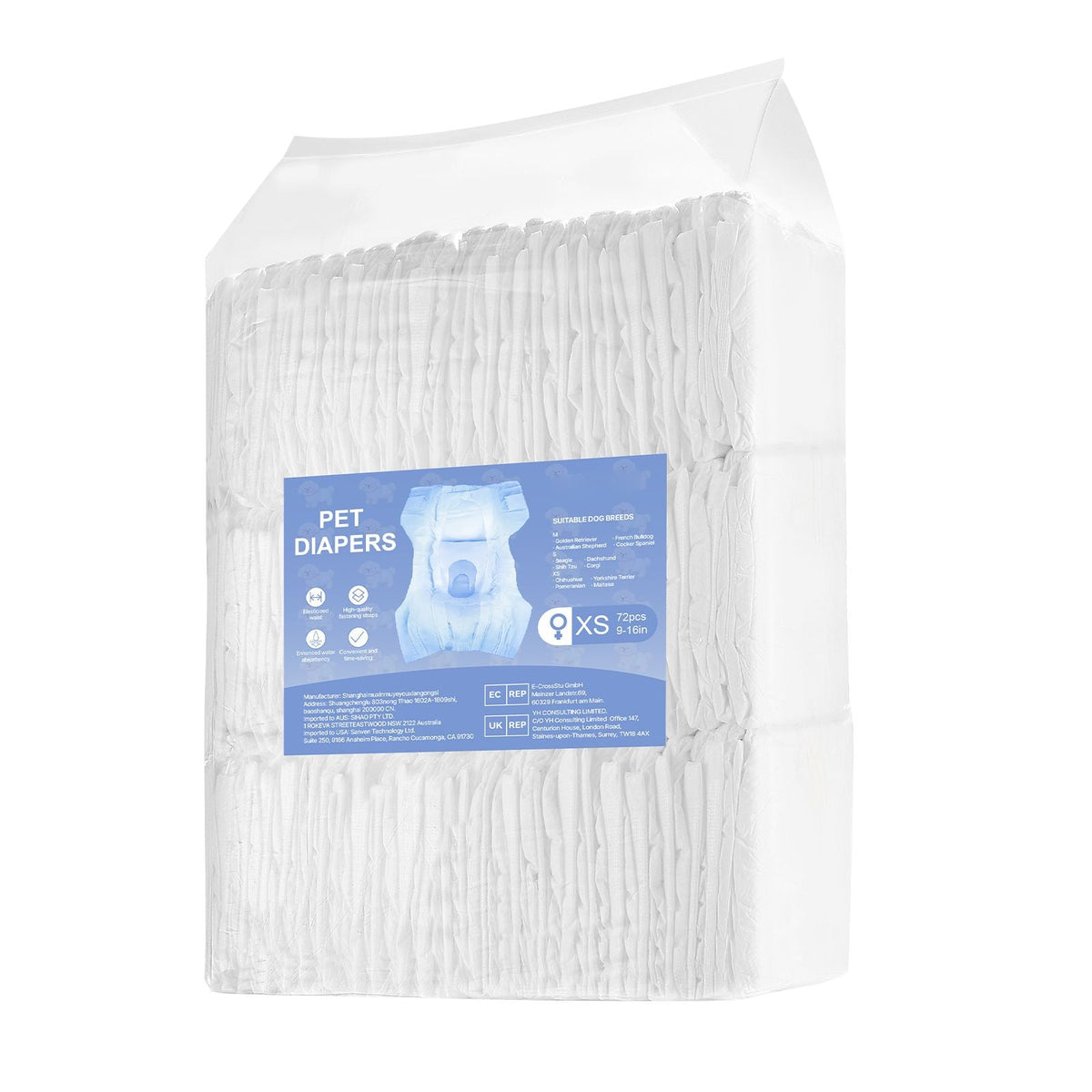 Disposable Dog Diapers, Super Absorbent Female Dog Diapers, 360° Leak-Proof Female Doggy Pet Diaper with Wetness Indicator for Heat Period, Training, Incontinence - XS, 144 Count (2 Packs of 72)