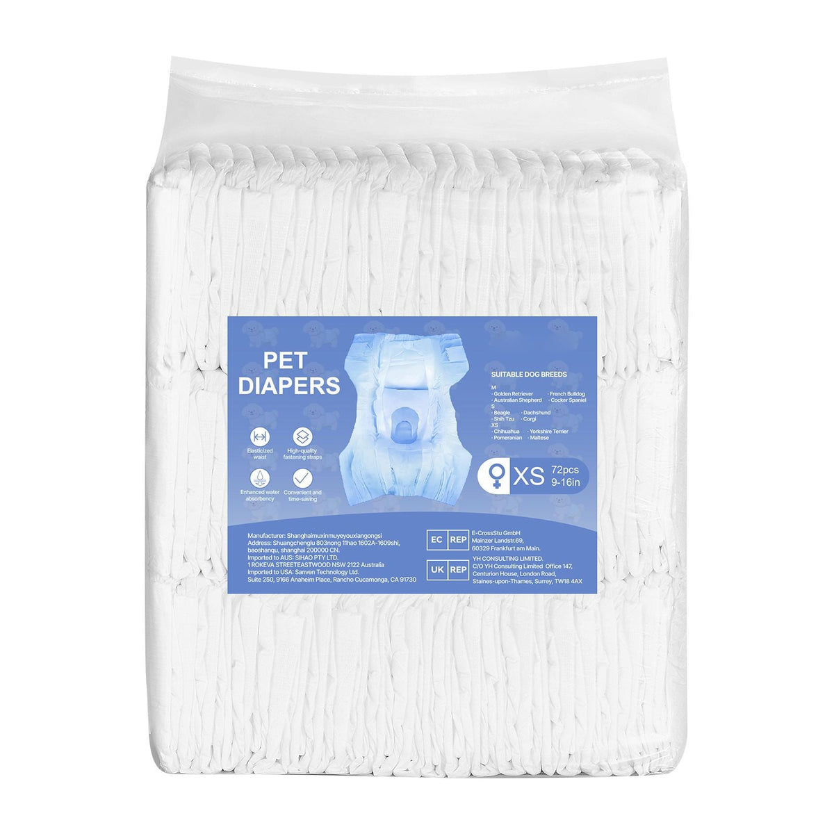 Disposable Dog Diapers, Super Absorbent Female Dog Diapers, 360° Leak-Proof Female Doggy Pet Diaper with Wetness Indicator for Heat Period, Training, Incontinence - XS, 144 Count (2 Packs of 72)