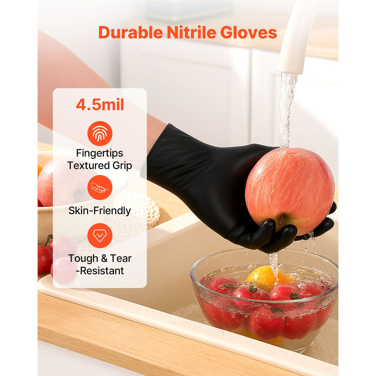 Disposable Gloves, 4.5 Mil Black Nitrile Gloves with Textured Fingertips, Latex & Powder-Free, Food-Grade, Puncture Resistance, Ideal for Medical Exams, Cooking and Cleaning, 100 Count, Large