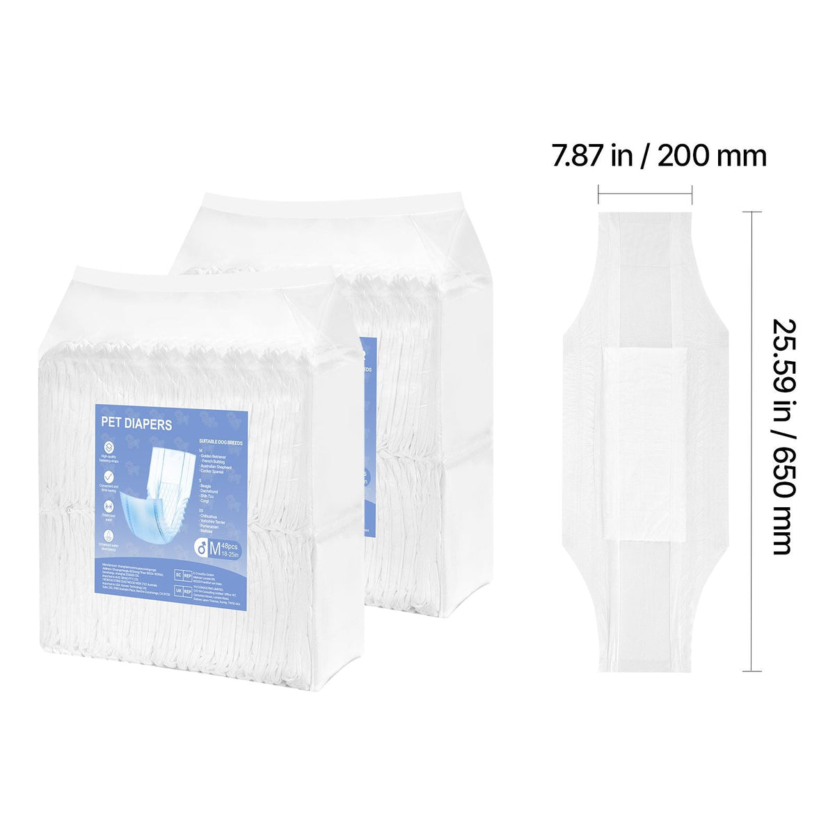 Disposable Male Dog Diapers, Super Absorbent Male Dog Wraps, 360 ° Leak-Proof Belly Bands with Wetness Indicator for Doggies in Heat, Training, Incontinence - M, 96 Count (2 Packs of 48)