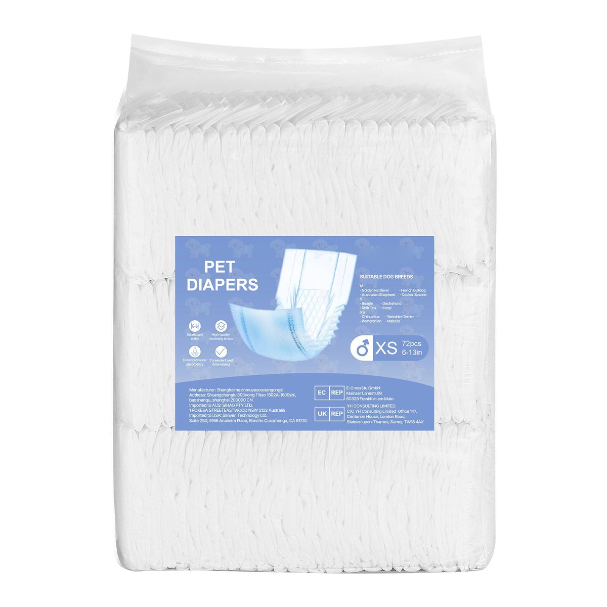 Disposable Male Dog Diapers, Super Absorbent Male Dog Wraps, 360 ° Leak-Proof Belly Bands with Wetness Indicator for Doggies in Heat, Training, Incontinence - XS, 144 Count (2 Packs of 72)