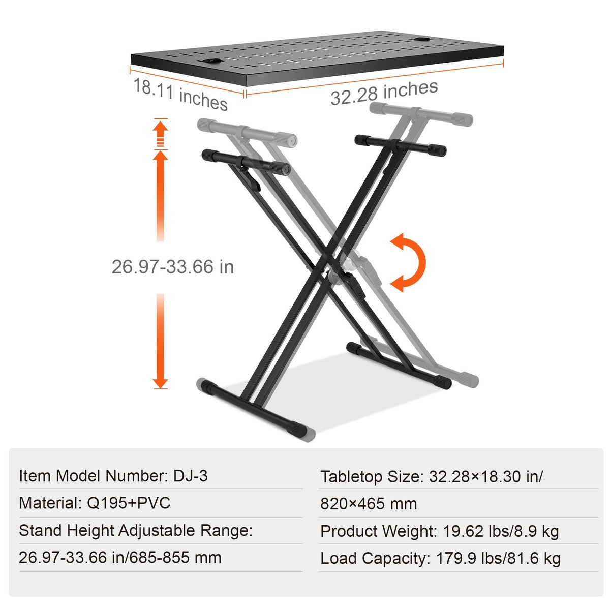 DJ Table Stand, 32" x 20" Portable DJ Laptop and Controller Stand, Lightweight DJ Desk DJ Booth Adjustable Height DJ Stand, Foldable Double-X Braced Keyboard Stand & Tabletop, Audio Mixer Stand