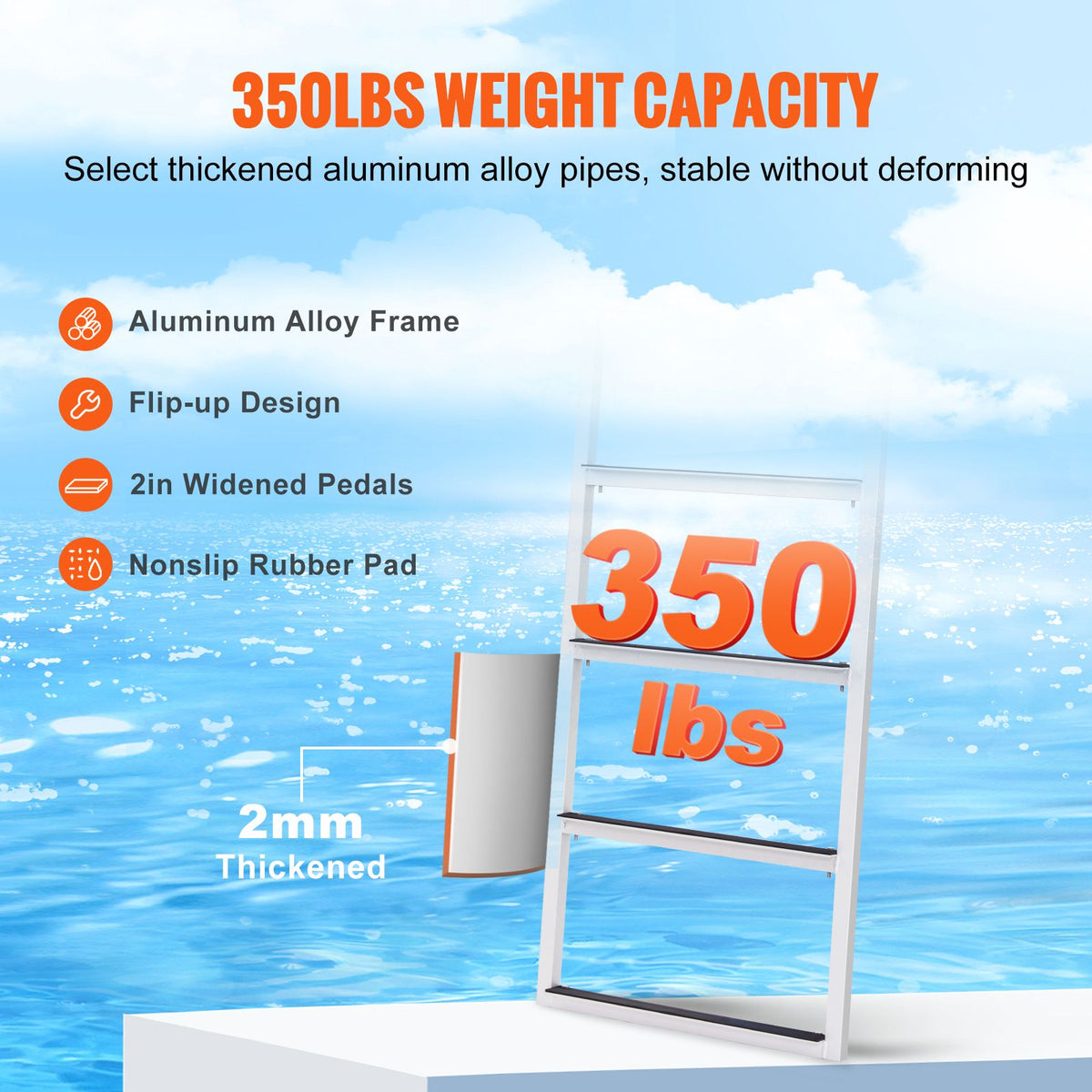 Dock Ladder Flip-Up 4 Steps, 350 lbs Load Capacity, Aluminum Alloy Pontoon Boat Ladder with Nonslip Mat, Swimming Ladder for Ship/Lake/Pool/Marine Boarding