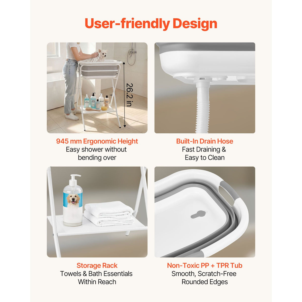 Dog Bathtub, Elevated Dog Bath Tub, 2 in 1 Collapsible Pet Bathing Grooming Wash Station, Portable Foldable Space-saving, Built-in Drain Outlet with Drain Hose for Small Pet Cat, Gray & White