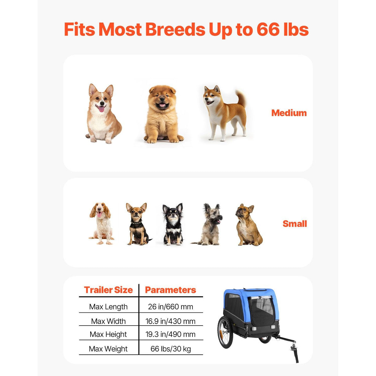 Dog Bike Trailer, Supports up to 66 lbs, Pet Cart Bicycle Carrier for Small & Medium Dogs, Easy Folding Frame with Quick Release Wheel, Universal Bicycle Coupler, Reflector, Flag, Internal Leash