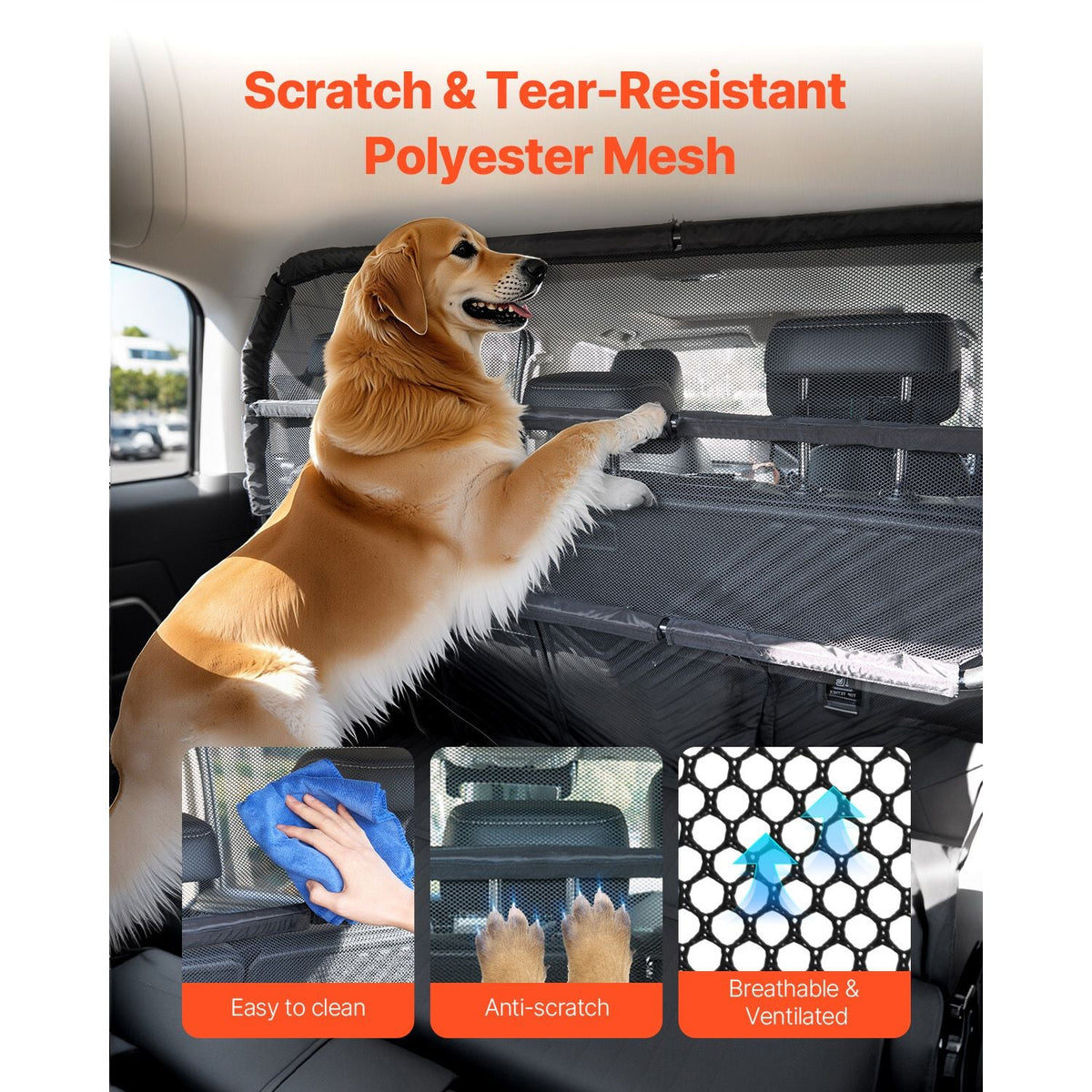 Dog Car Barrier, 46" Wide Car Divider for Cargo Area, Vehicle Pet Barrier with See Through Net Mesh, Universal-Fit Dog Car Barrier for Small-Sized SUVs, Trucks and Vehicle, Black