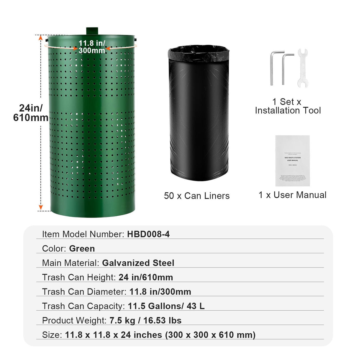 Dog Poop Trash Can with 50 Liner Bags, 11.5 Gallons Outdoor Dog Waste Bin with Lid & Liner Clip for Pet Waste Station, Dog Waste Disposal Container for Garden Backyard Park