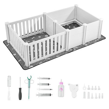 Dog Whelping Box, 73x38x19.7 in, Plastic Dog Whelping Pen with Adjustable Height Door, Puppy Playpen with Waterproof Pee Pad, Easy to Clean, Durable Indoor Pet Birth Kit for Medium Sized Dogs