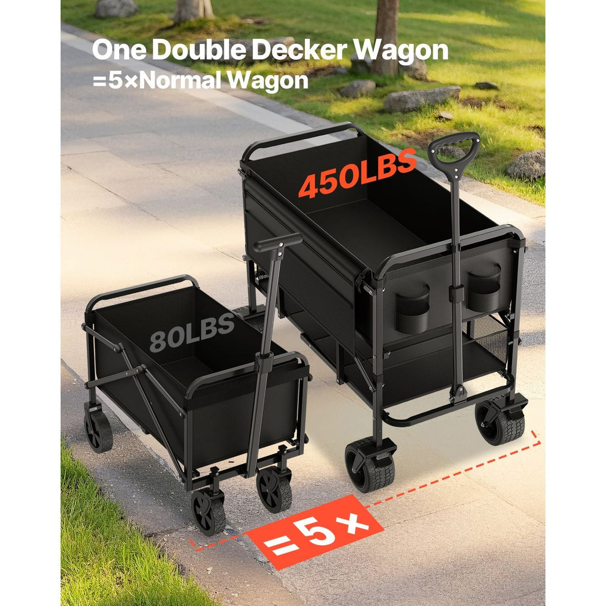 Double Decker Wagon Collapsible, 400L Heavy Duty Folding Wagon Cart, Extended Long Garden Cart with All-Terrain Wheels, Support Up to 450lbs, Outdoor Utility Wagon for Camping, Sports, Shopping