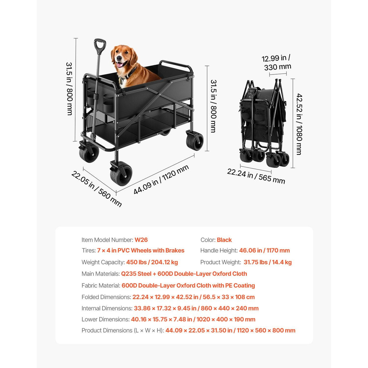 Double Decker Wagon Collapsible, 400L Heavy Duty Folding Wagon Cart, Extended Long Garden Cart with All-Terrain Wheels, Support Up to 450lbs, Outdoor Utility Wagon for Camping, Sports, Shopping