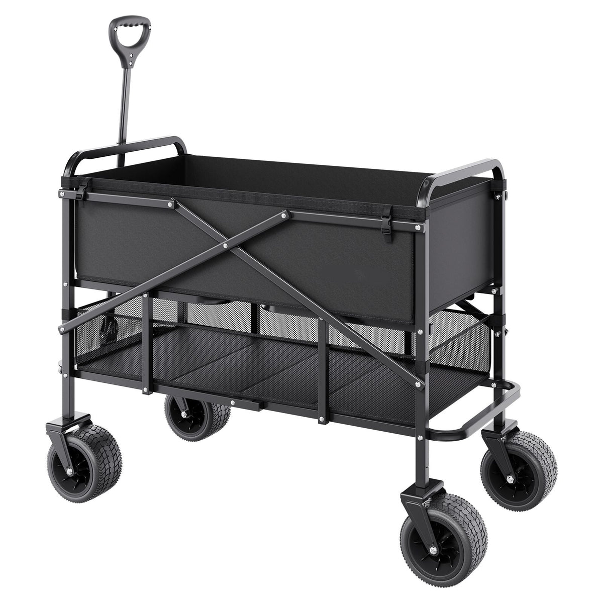 Double Decker Wagon Collapsible, 400L Heavy Duty Folding Wagon Cart, Extended Long Garden Cart with All-Terrain Wheels, Support Up to 450lbs, Outdoor Utility Wagon for Camping, Sports, Shopping