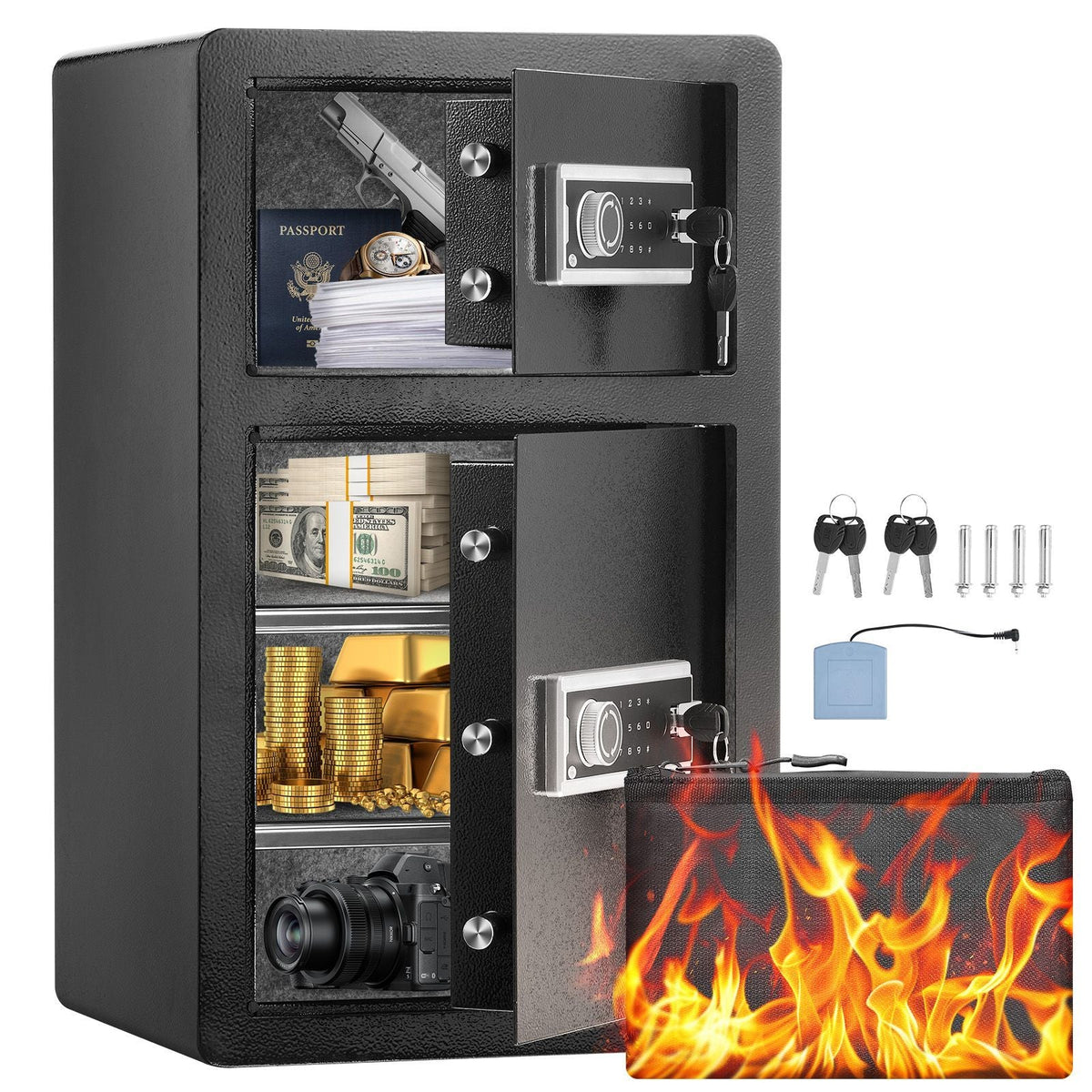 Double Doors 4.5 cu.ft Safe Box with Key Lock & Password, Safe Lock Box with Fireproof Bag, Key Rack, LED Light and 2 Height Adjustable and Removable Divider