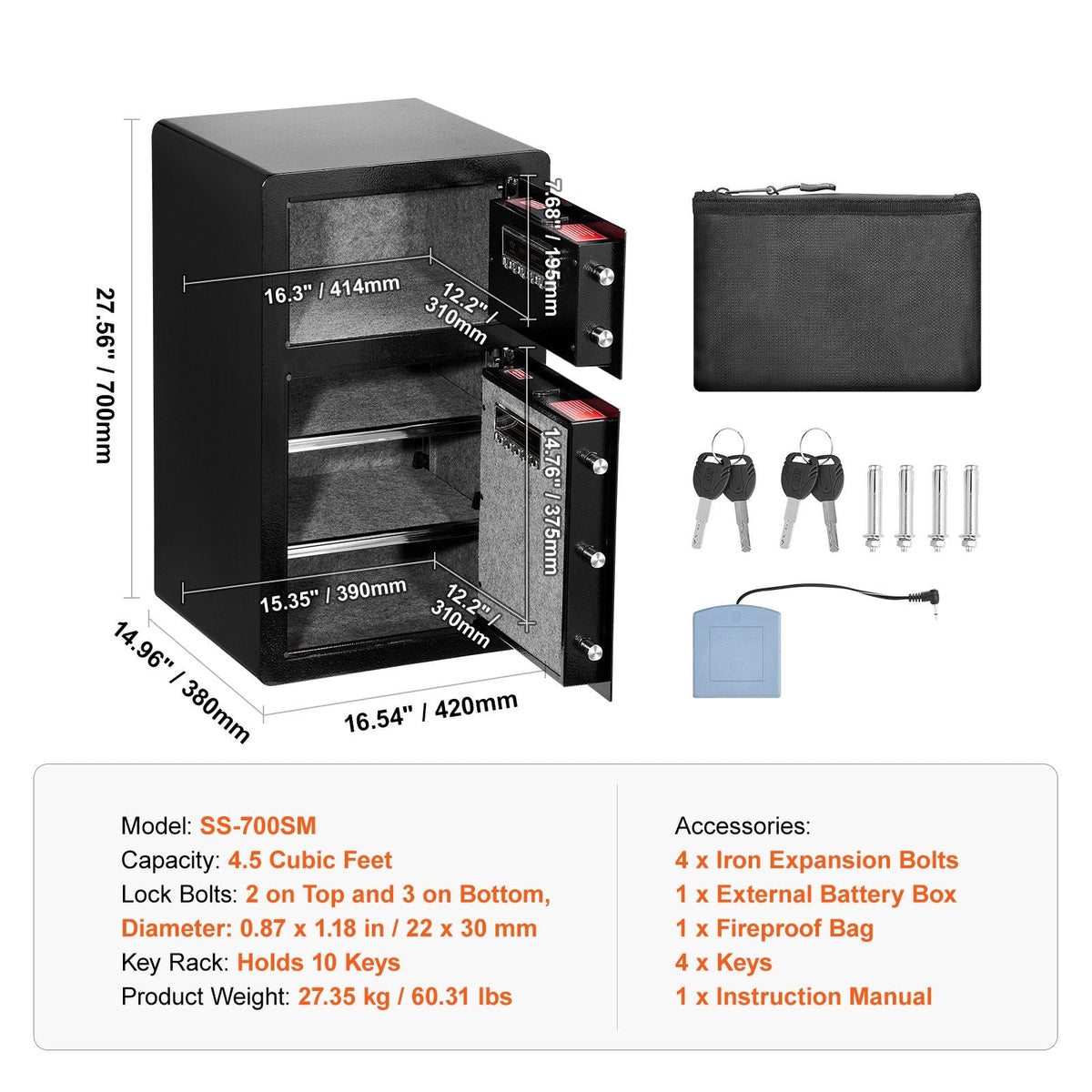 Double Doors 4.5 cu.ft Safe Box with Key Lock & Password, Safe Lock Box with Fireproof Bag, Key Rack, LED Light and 2 Height Adjustable and Removable Divider