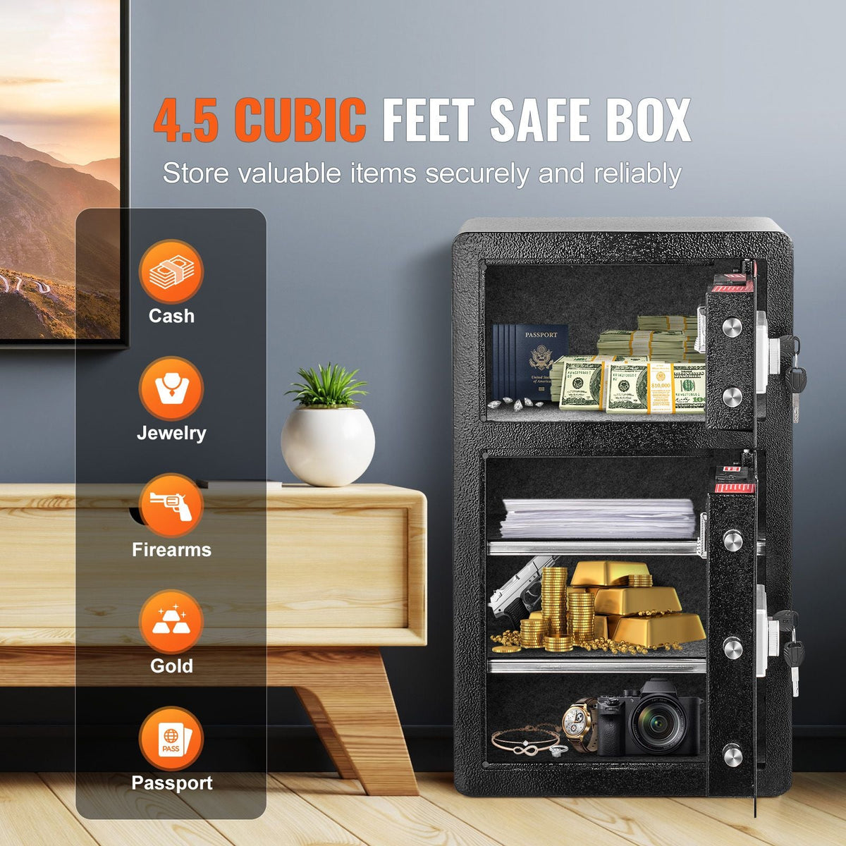 Double Doors 4.5 cu.ft Safe Box with Key Lock & Password, Safe Lock Box with Fireproof Bag, Key Rack, LED Light and 2 Height Adjustable and Removable Divider