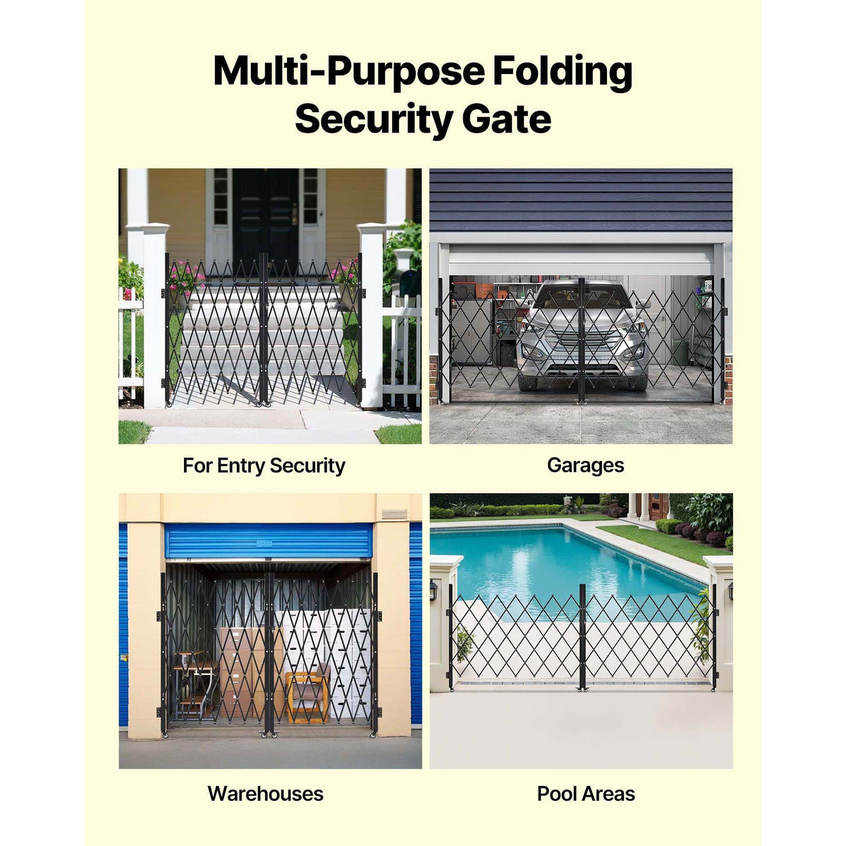 Double Folding Security Gate, Lockable Scissor Gate with 360° Swivel Casters, Outdoor Barricade Steel Retractable Gates, for Entry Security, Garage, Warehouse & Pool, 129.92 x 63.19 in (W x H)