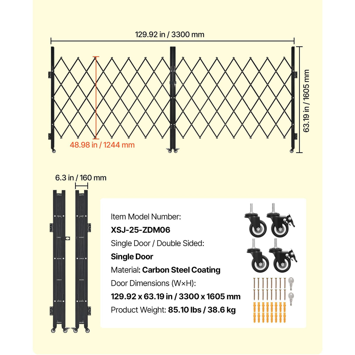 Double Folding Security Gate, Lockable Scissor Gate with 360° Swivel Casters, Outdoor Barricade Steel Retractable Gates, for Entry Security, Garage, Warehouse & Pool, 129.92 x 63.19 in (W x H)