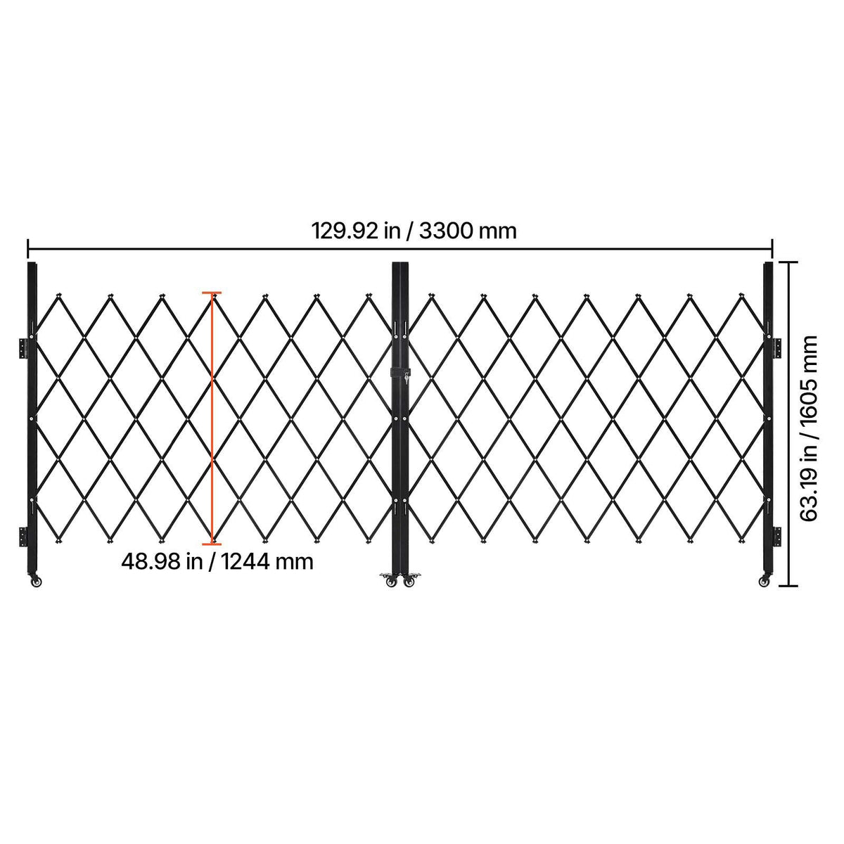 Double Folding Security Gate, Lockable Scissor Gate with 360° Swivel Casters, Outdoor Barricade Steel Retractable Gates, for Entry Security, Garage, Warehouse & Pool, 129.92 x 63.19 in (W x H)