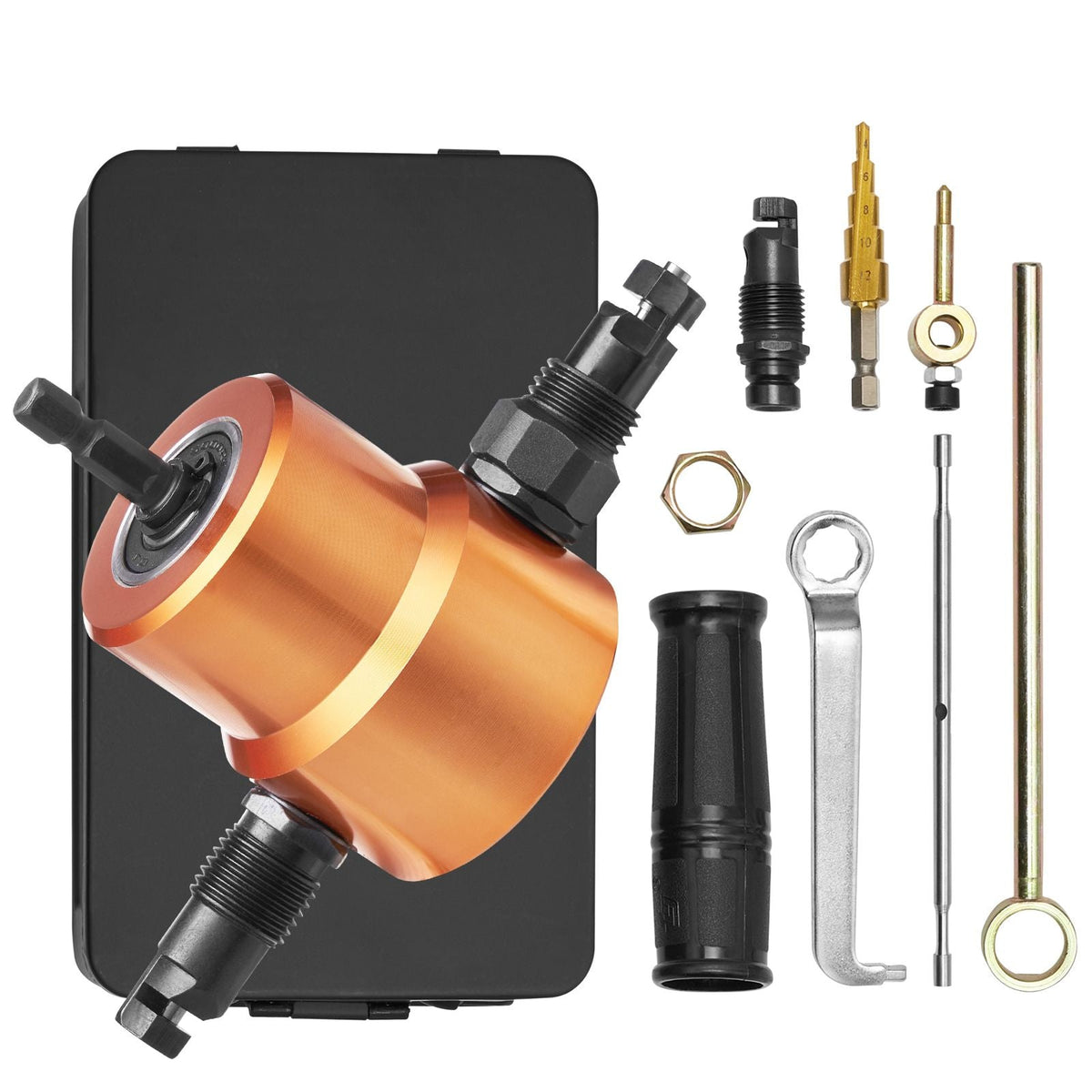 Double Head Sheet Metal Nibbler Cutter, 360 Degree Metal Nibbler Drill Attachment with Extra Punch and Die, Cutting Hole Accessory and Step Drill Bit, for Straight Curve and Circle Cutting