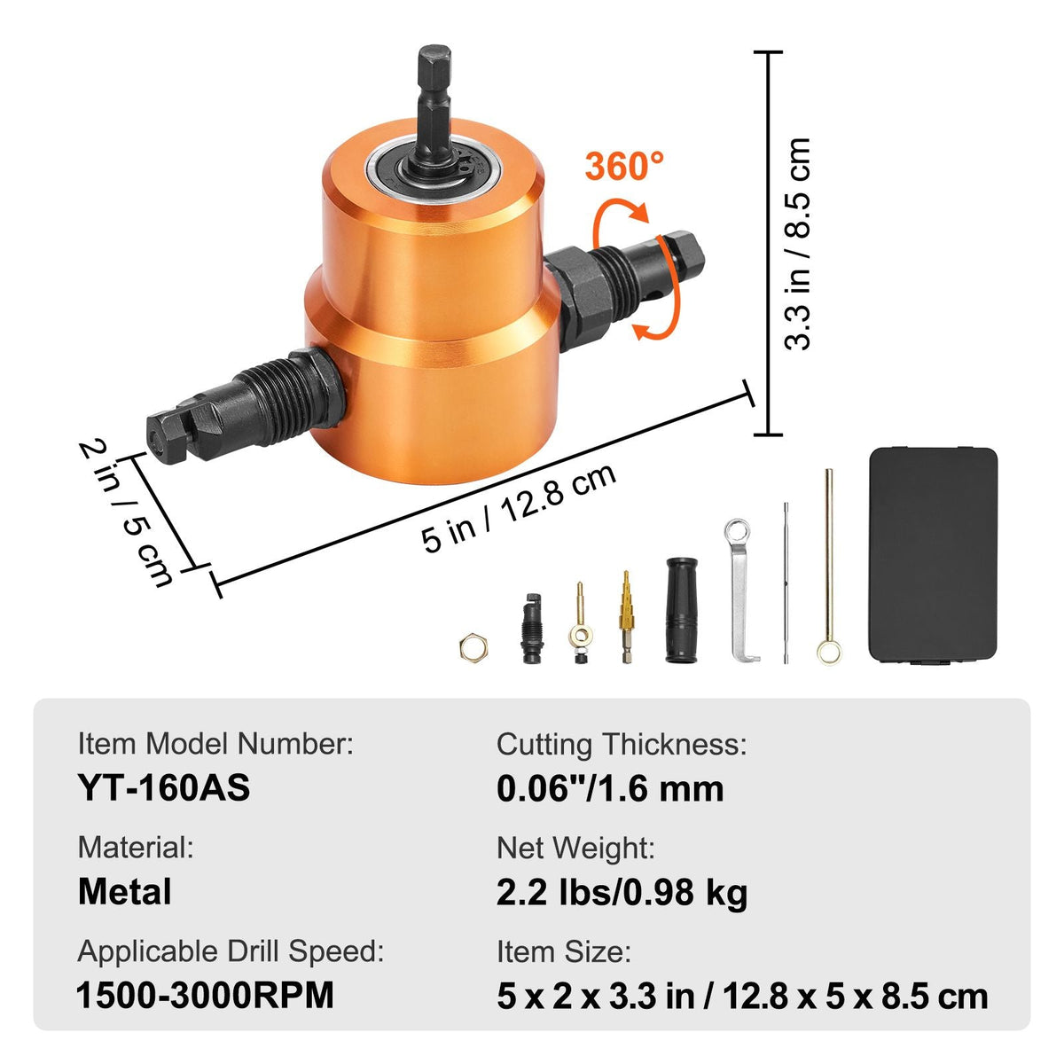 Double Head Sheet Metal Nibbler Cutter, 360 Degree Metal Nibbler Drill Attachment with Extra Punch and Die, Cutting Hole Accessory and Step Drill Bit, for Straight Curve and Circle Cutting