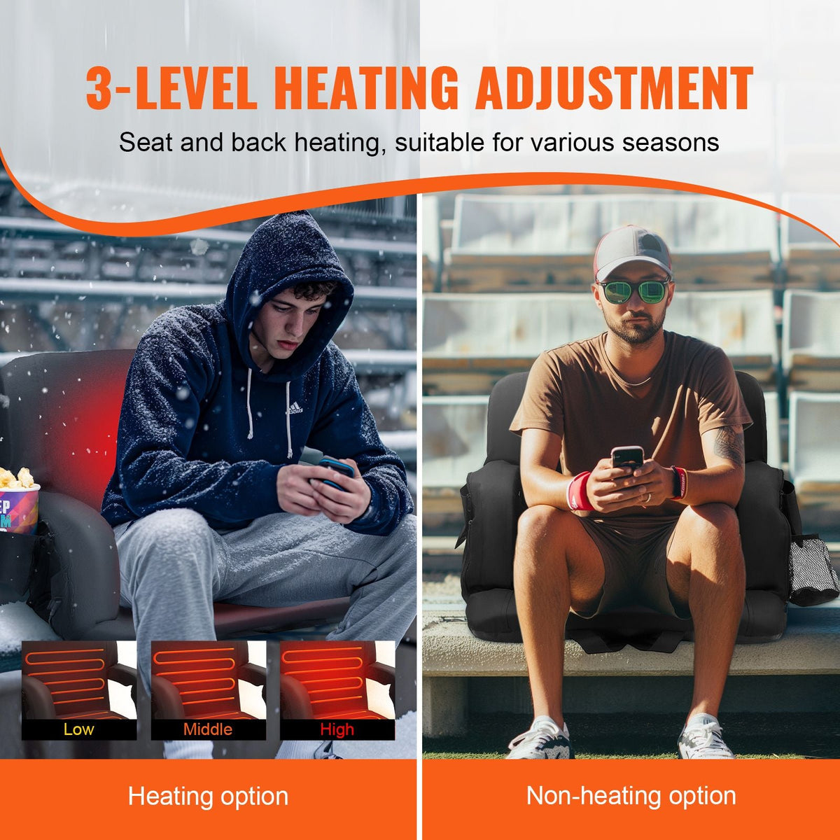 Double Heated Stadium Seat with Back Support, 3 Level Heating Wide Bleacher Seat, Folding Portable Padded Reclining Chair with Hook Pocket Cupholder, Ideal for Sport Event Beach Concert (2 Set)