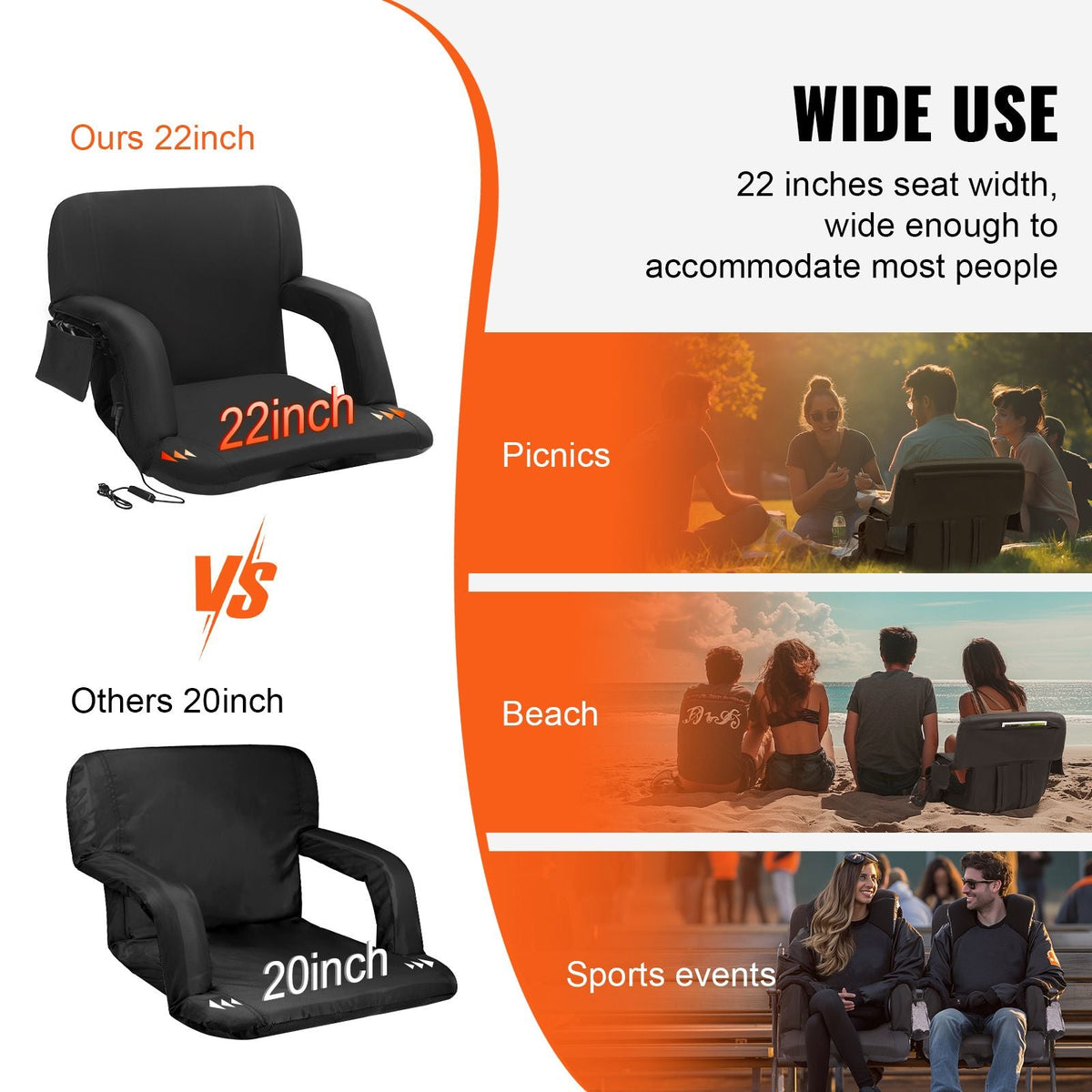 Double Heated Stadium Seat with Back Support, 3 Level Heating Wide Bleacher Seat, Folding Portable Padded Reclining Chair with Hook Pocket Cupholder, Ideal for Sport Event Beach Concert (2 Set)