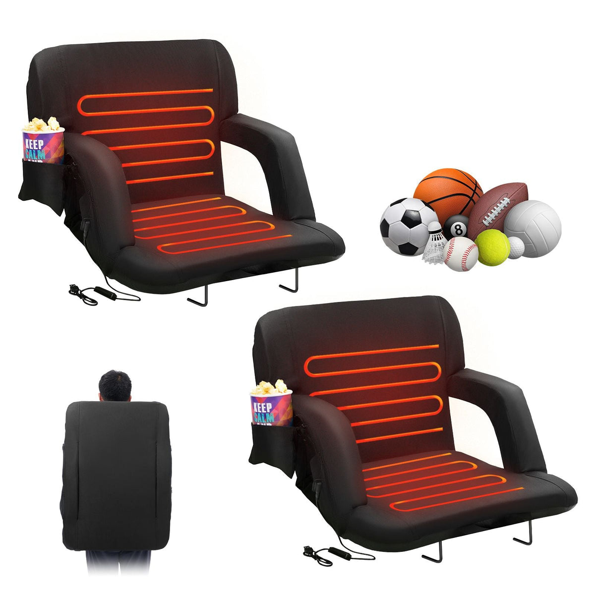 Double Heated Stadium Seat with Back Support, 3 Level Heating Wide Bleacher Seat, Folding Portable Padded Reclining Chair with Hook Pocket Cupholder, Ideal for Sport Event Beach Concert (2 Set)