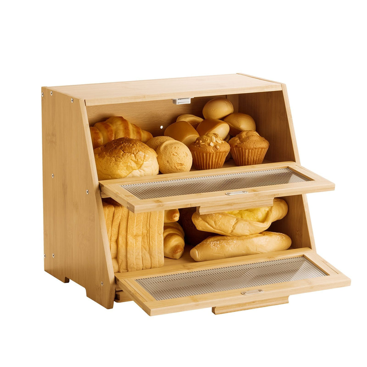 Double Layer Bread Box for Kitchen Counter, Large Capacity Bamboo Bread Storage Container, Farmhouse Wooden Breadbox for Homemade Bread, Storage Holder Bin with Acrylic Wavy Door Panel, Natural