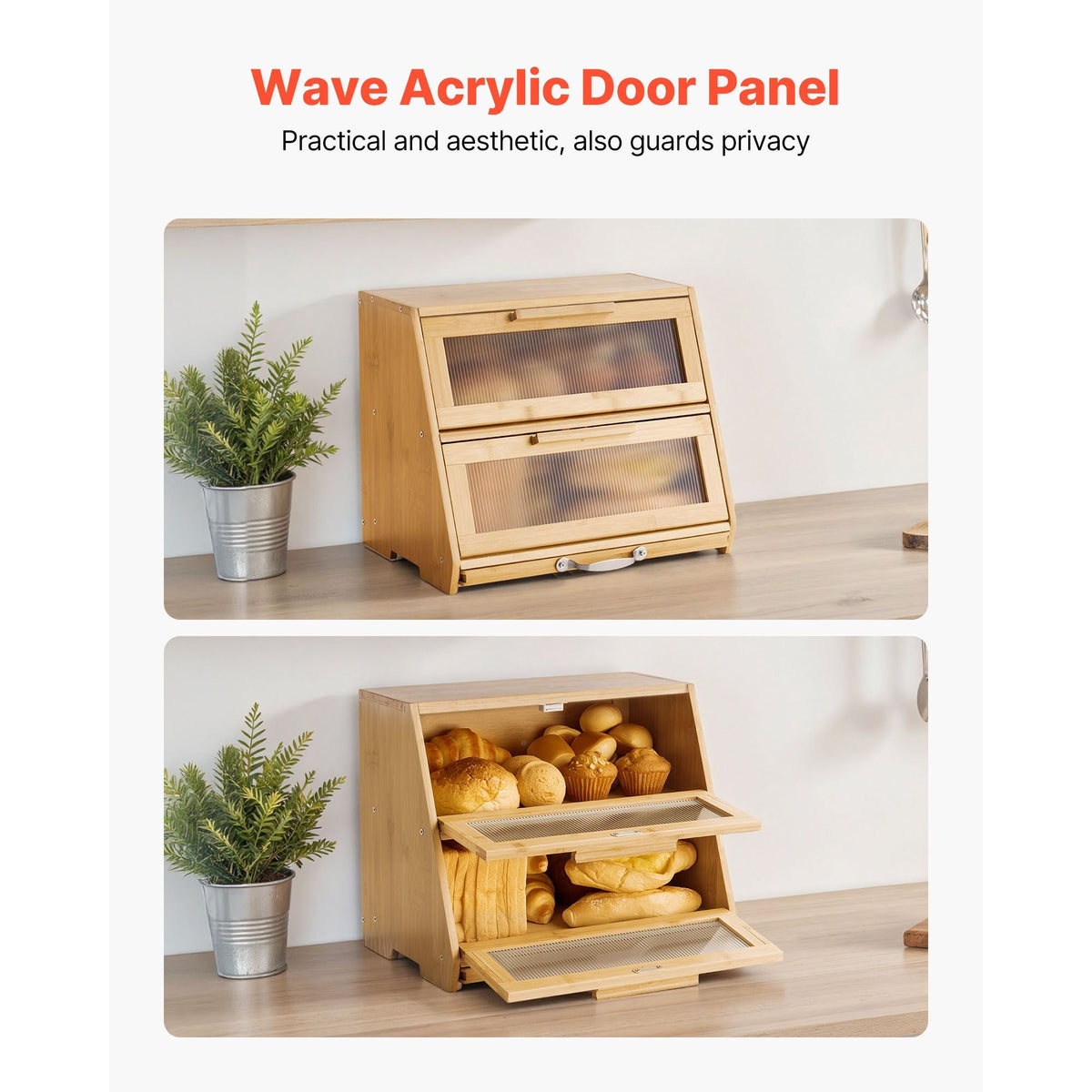 Double Layer Bread Box for Kitchen Counter, Large Capacity Bamboo Bread Storage Container, Farmhouse Wooden Breadbox for Homemade Bread, Storage Holder Bin with Acrylic Wavy Door Panel, Natural