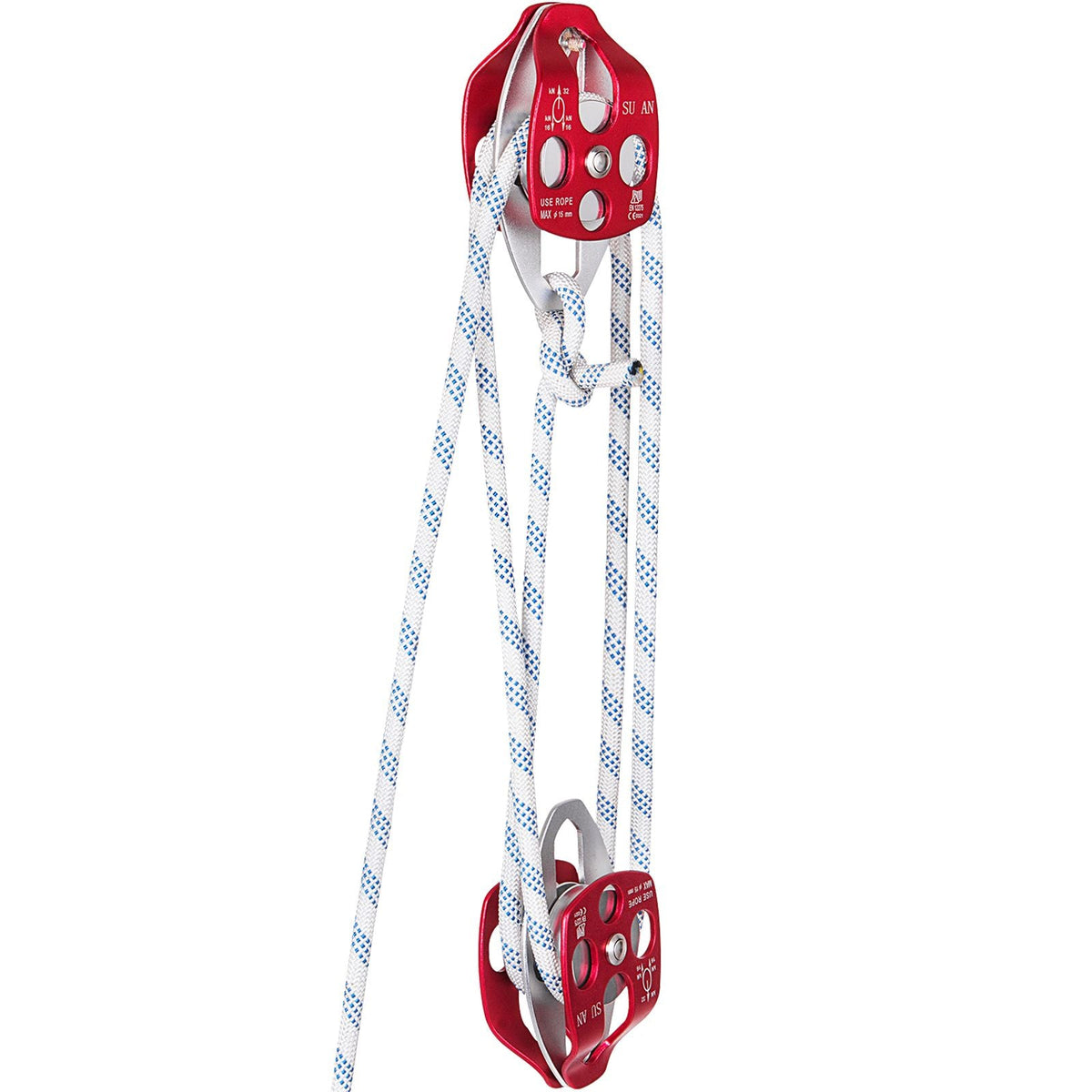 Double Pulley Block & Rope Kit, 1/2 inch x 98 ft Braided Line, Dual Pulley Rigging System, 35 kN Breaking Strength for Tower Work, Hoisting, Training & Outdoor Applications