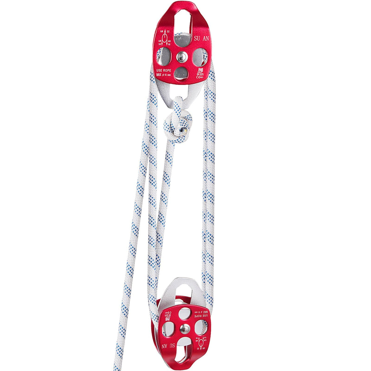 Double Pulley Block & Rope Kit, 1/2 inch x 98 ft Braided Line, Dual Pulley Rigging System, 35 kN Breaking Strength for Tower Work, Hoisting, Training & Outdoor Applications